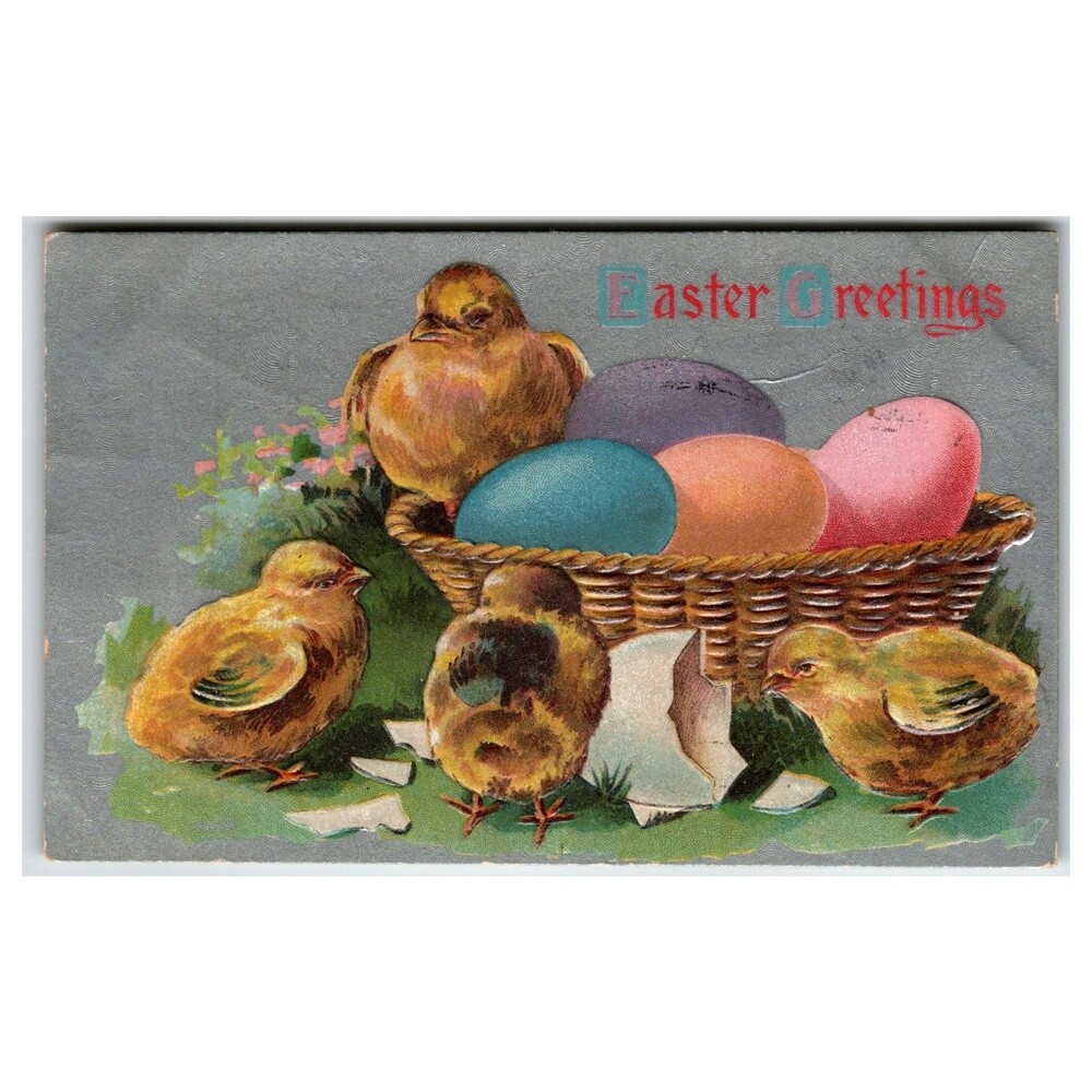 Vintage 1910 Embossed Easter Greetings Postcard Chicks Basket Eggs